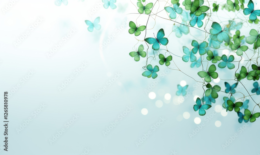 Delicate turquoise butterflies gracefully float against soft blue background, creating serene and tranquil atmosphere. gentle bokeh effect adds dreamy quality to scene Delicate turquoise butterflies gracefully float against soft blue background, creating serene and tranquil atmosphere. gentle bokeh effect adds dreamy quality to scene