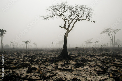  lone bare tree on a scorched waste land after a fire, fog or smoke all around