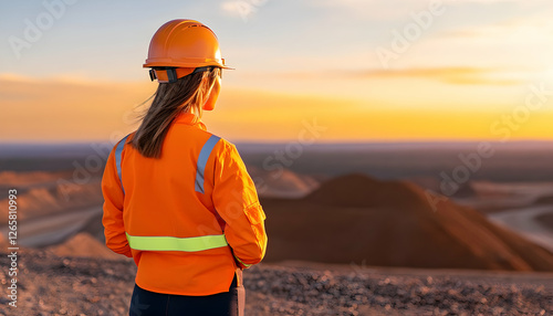 Female miner views sunset from site after shift. Mining safety at sunset background