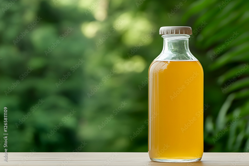 Glass bottle with yellow drink sits on wood table; green foliage in background Glass bottle with yellow drink sits on wood table; green foliage in background