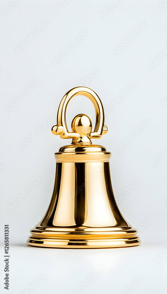 Gold metal bell with a handle on a plain background for decoration or celebration Gold metal bell with a handle on a plain background for decoration or celebration