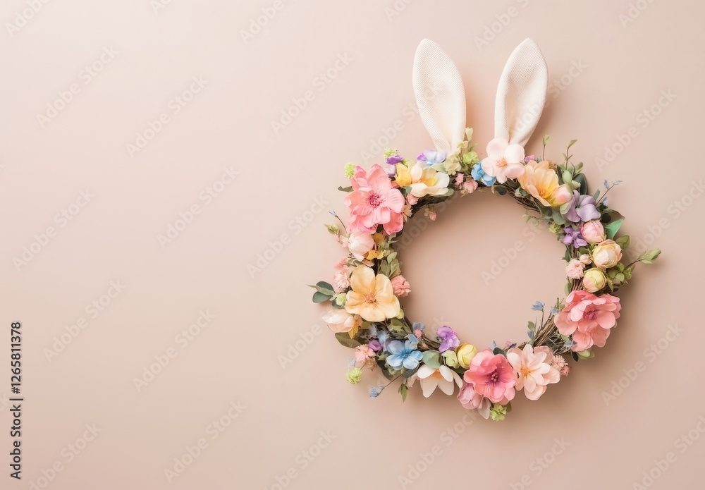 Obraz premium Easter wreath with floral bunny. Easter wreath decorated with pastel flowers and bunny ears, symbolizing spring, renewal and the joy of the holiday. Ideal for Easter celebrations and home decorations