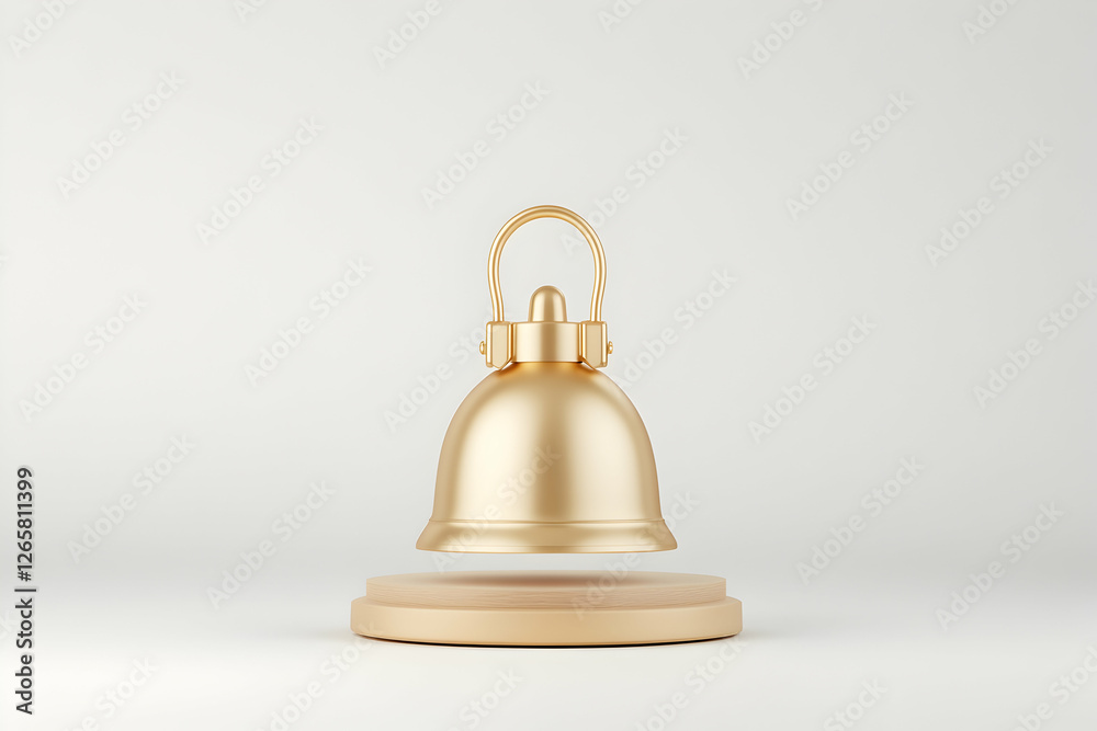 Golden bell floating on pedestal, white backdrop, isolated, celebrating announcement or achievement