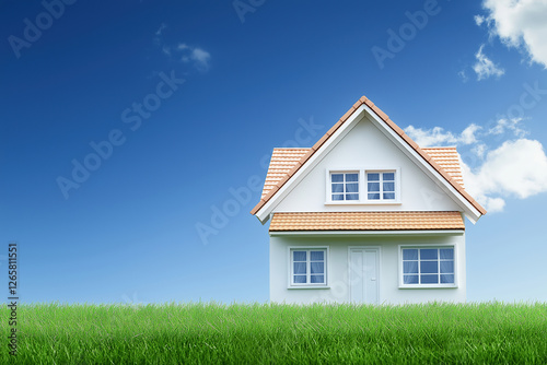 Wallpaper Mural Charming white house with a sloped roof and grassy lawn under a bright blue sky Torontodigital.ca