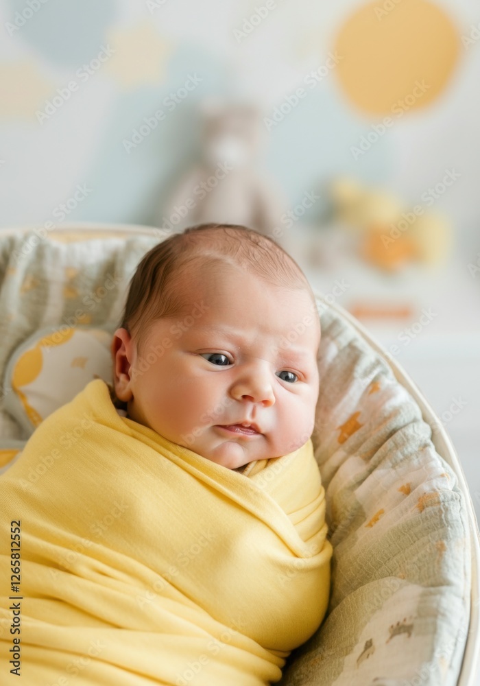 Caucasian baby wrapped in yellow blanket resting in nursery Caucasian baby wrapped in yellow blanket resting in nursery