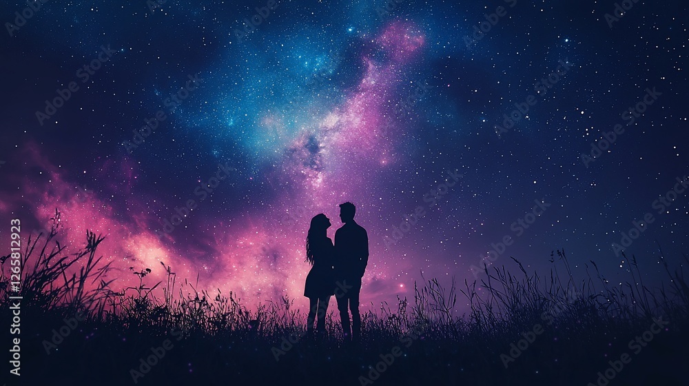Couple silhouetted, starry night, field, romance, design Couple silhouetted, starry night, field, romance, design