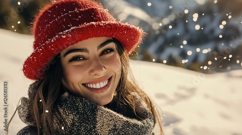 Beautiful Hispanic Woman Wearing Red Wool Hat Portrait photo