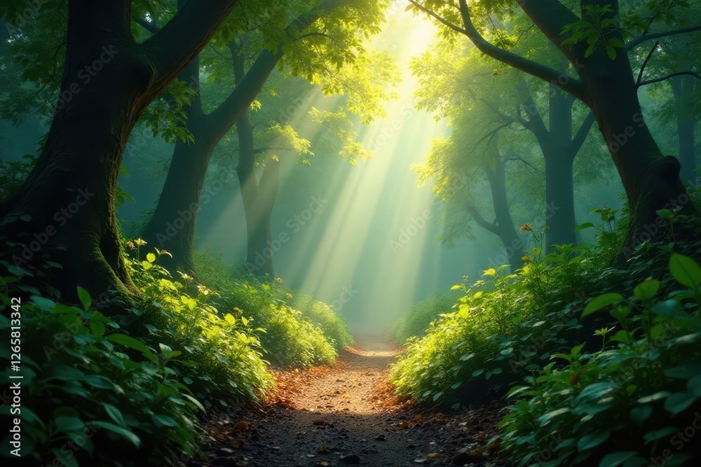 Sunlight dapples lush Basse Terre rainforest floor, lush, tree, jungle Sunlight dapples lush Basse Terre rainforest floor, lush, tree, jungle