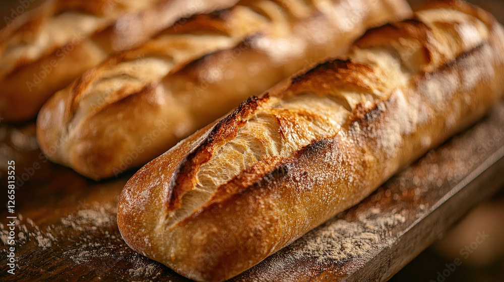 Baguette with a golden crust showcases artisan baking mastery in a rustic setting Baguette with a golden crust showcases artisan baking mastery in a rustic setting