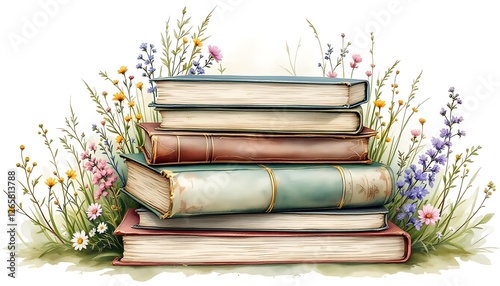 Vintage Books Stacked Amongst Wildflowers Decorative Still Life Painting