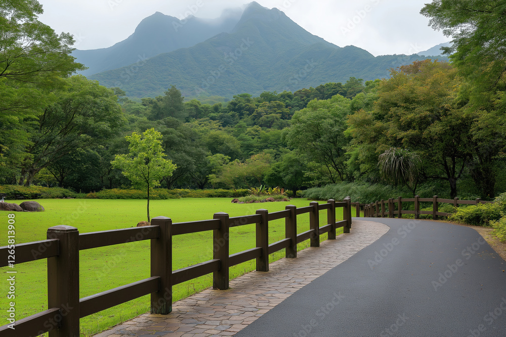 Scenic pathway through lush greenery with mountains in the background on a cloudy day Scenic pathway through lush greenery with mountains in the background on a cloudy day