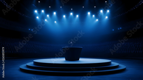 Illuminated stage with a podium for speech in a large venue, ready for speaker
