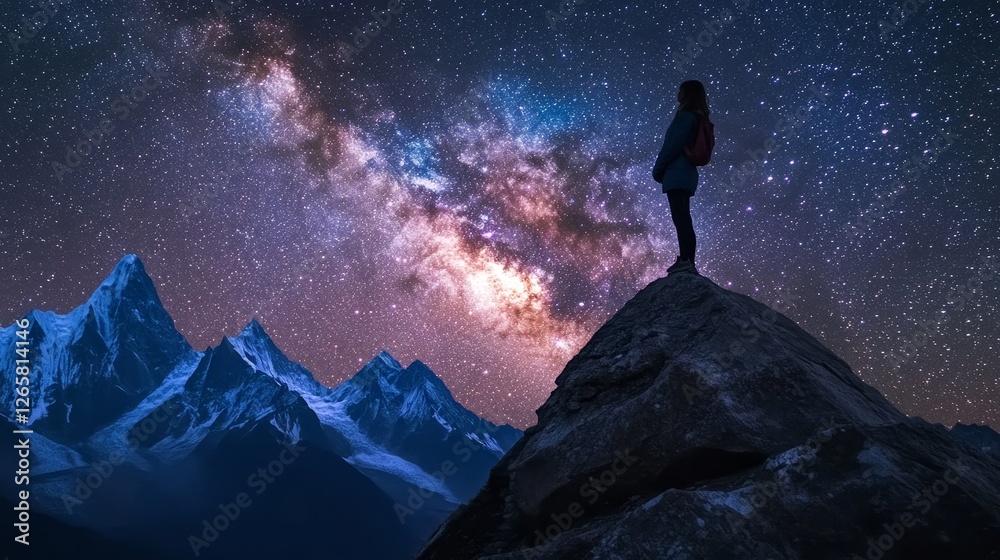 Obraz premium Space with Milky Way, girl and mountains. Silhouette of standing woman on the mountain peak, mountains and starry sky at night in Nepal. Sky with stars. Trekking. Night landscape with bright milky way
