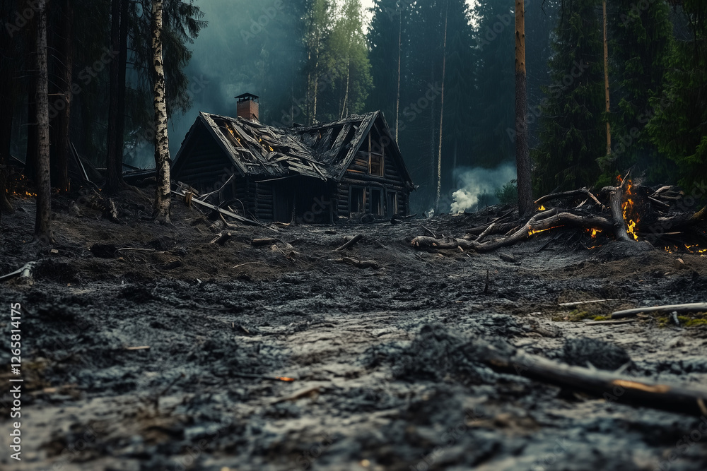 An abandoned half-destroyed or burned house in the middle of the forest after a fire An abandoned half-destroyed or burned house in the middle of the forest after a fire