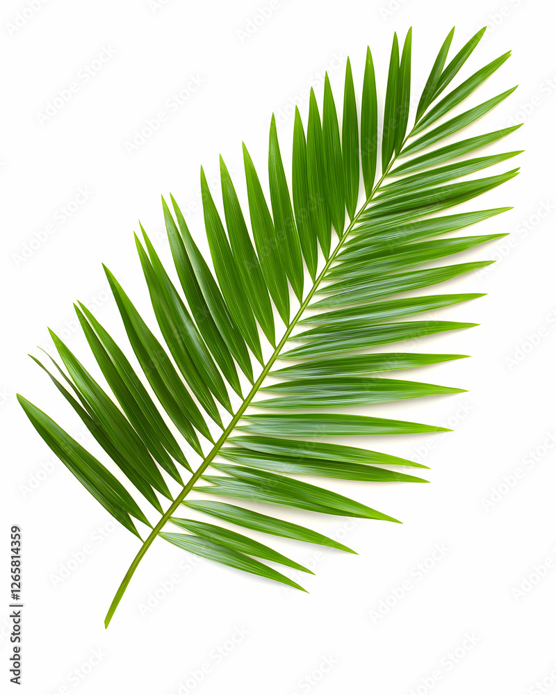 Fototapeta premium Isolated view of a single vibrant green palm leaf on a bright white background, for use as an element