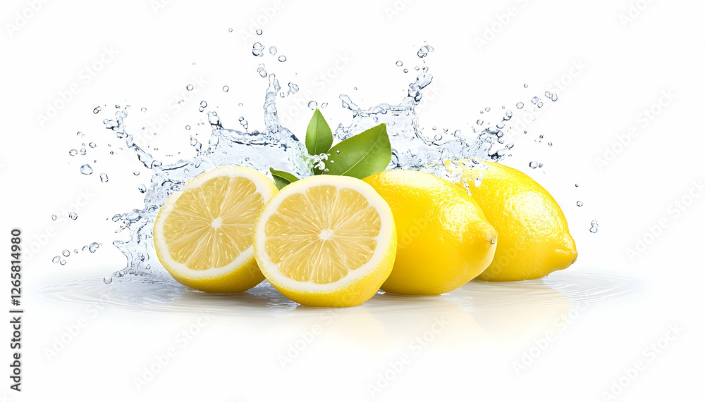 Lemons with Water Splash. Background white. Possible for fresh recipes and ads