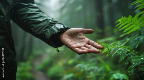 Close up of explorer male hand in green rainy forest.Survival travel,lifestyle concept.