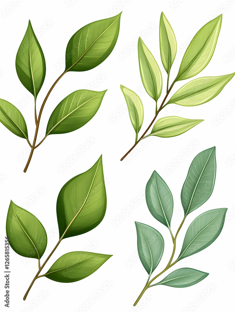 Fototapeta premium Lush green leaves, four branches for illustrations, on white background for decoration