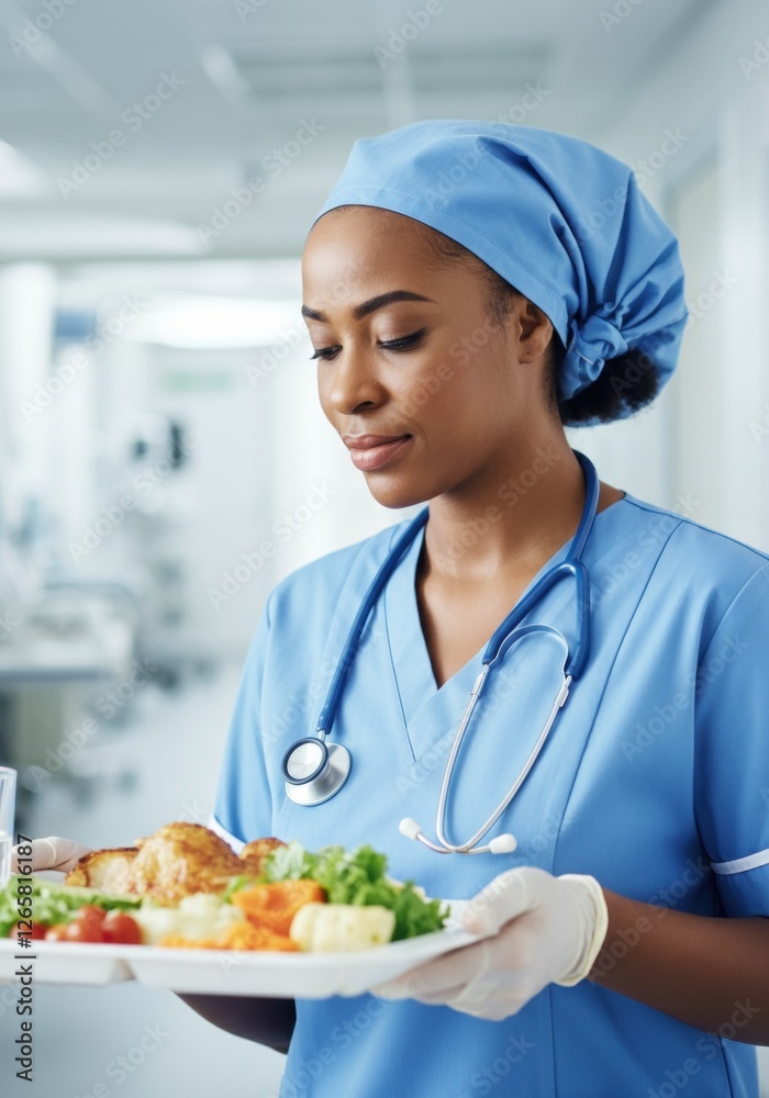 African female nurse serving healthy meal in hospital setting African female nurse serving healthy meal in hospital setting