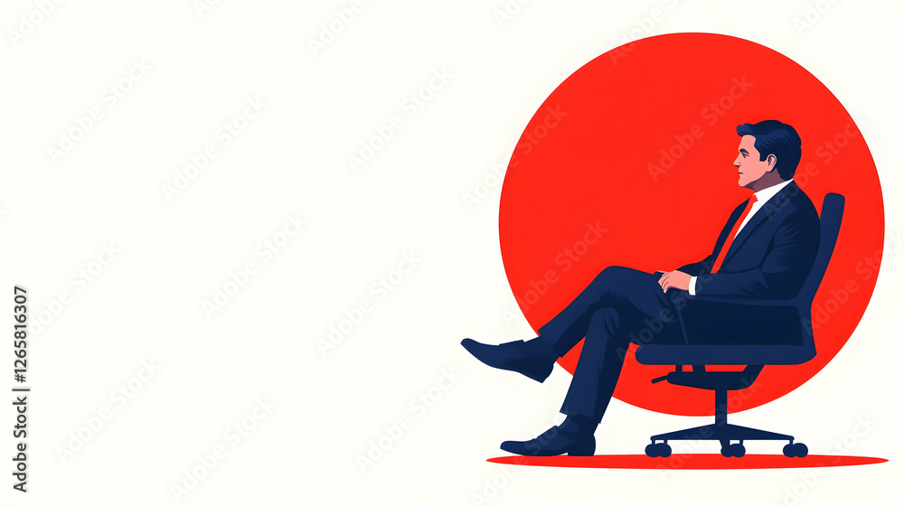 Man thinking in chair with red circle background for blog posts and marketing Man thinking in chair with red circle background for blog posts and marketing