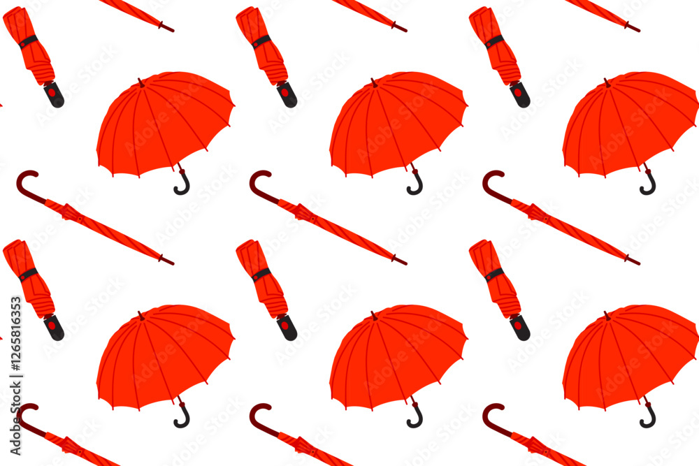 Obraz premium Red Seamless pattern of various umbrellas. Open, folded, and closed umbrellas. Various positions. Parasols for rainy weather. Rain protection accessories.