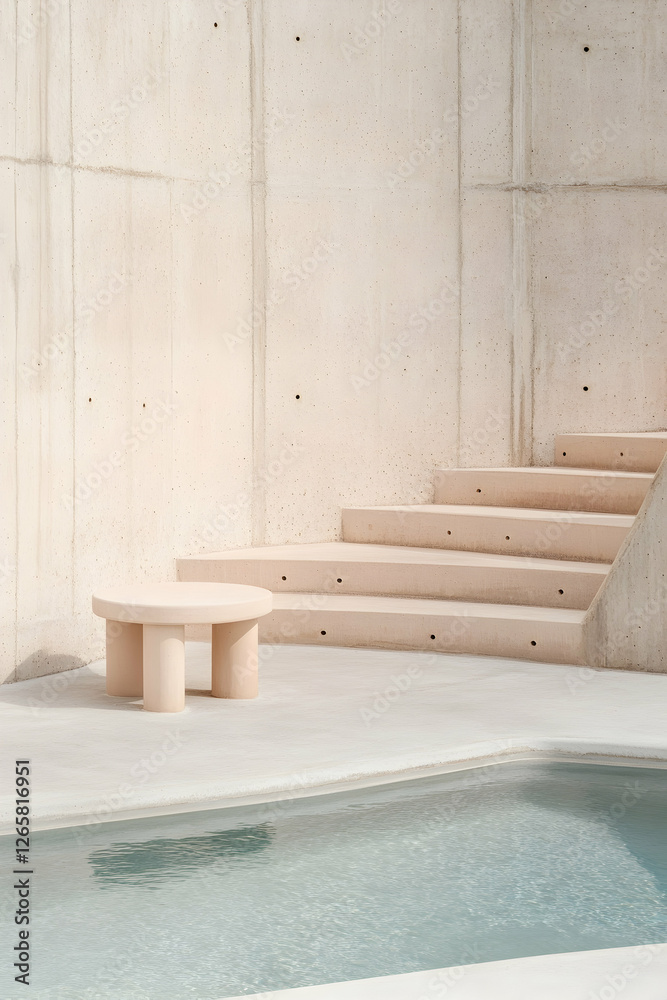 Minimalist indoor swimming pool with stairs, table and concrete wall Minimalist indoor swimming pool with stairs, table and concrete wall