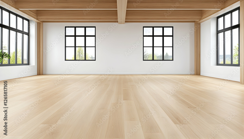 Obraz premium Modern, empty interior room with large windows, wood beams, and natural light