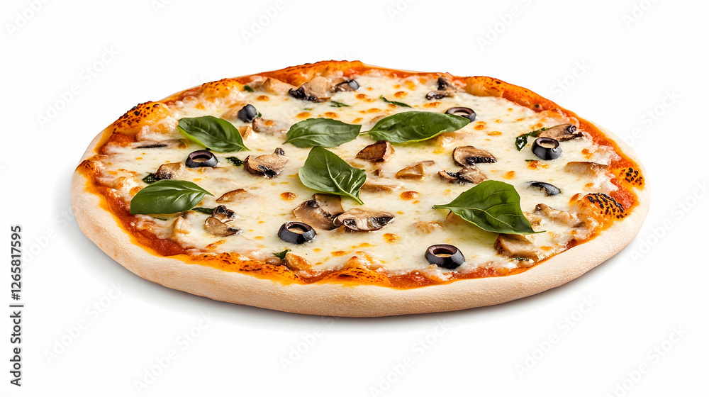 Mushroom and olive pizza with basil leaves on white, delicious meal concept Mushroom and olive pizza with basil leaves on white, delicious meal concept