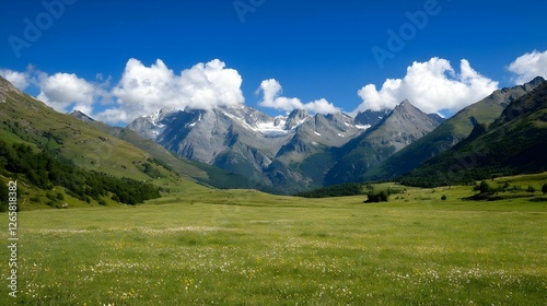 Green Valley With Wildflowers And Snowy Mountain Peaks