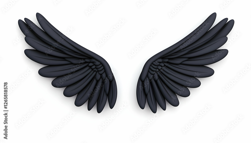 Naklejka premium Pair of dark feathered wings spread on a white background, for use in design