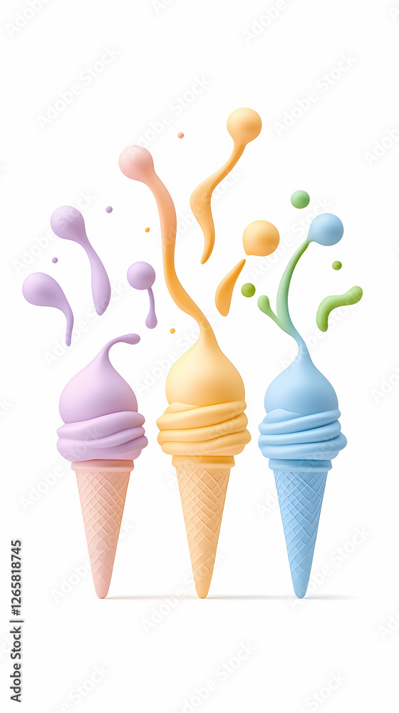 Pastel ice cream cones splash on white. Summer sweets for advertisements or promotions Pastel ice cream cones splash on white. Summer sweets for advertisements or promotions