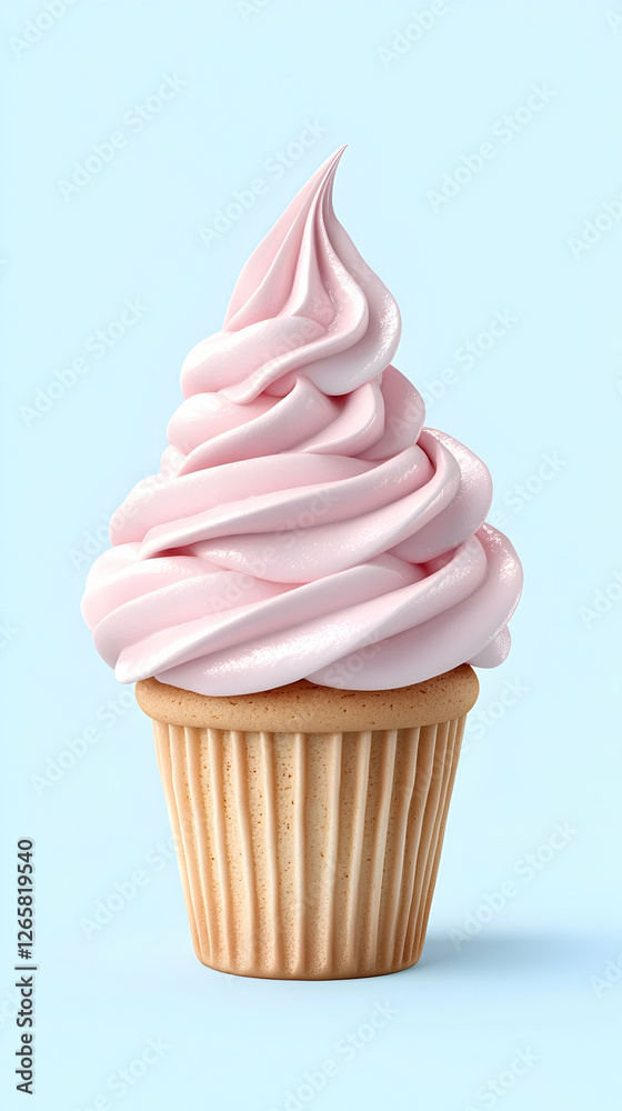 Pink Cupcake A pastel treat, swirls of frosting. Simple dessert shot on blue Pink Cupcake A pastel treat, swirls of frosting. Simple dessert shot on blue