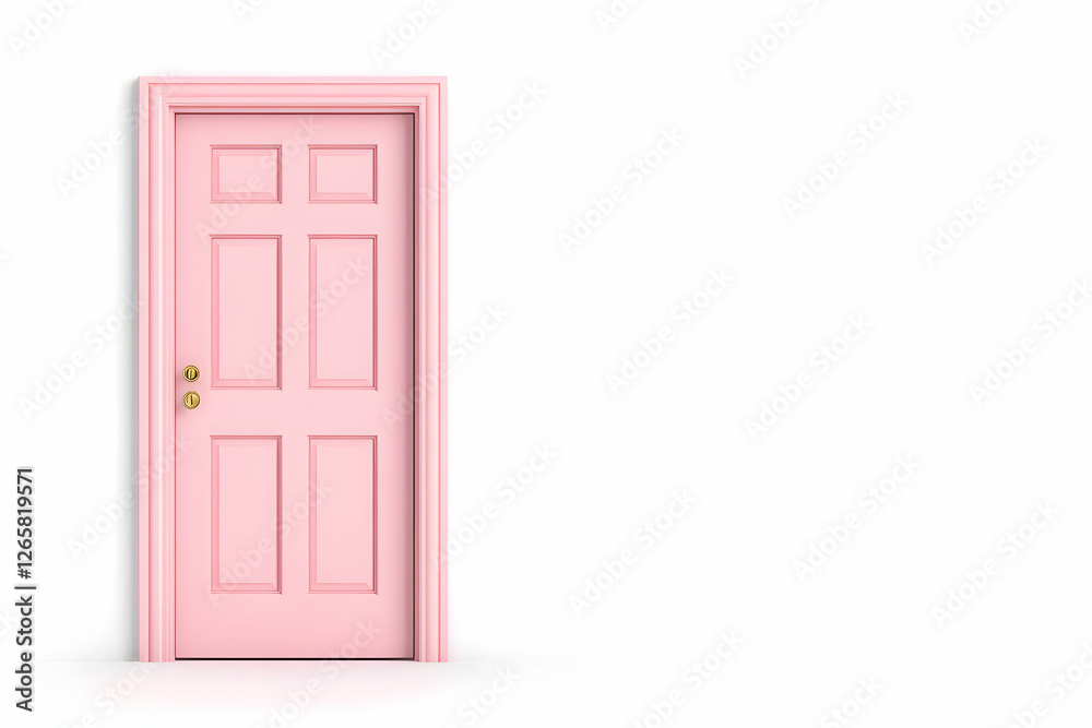 Pink door on white background, symbolizes hope, new beginnings, and opportunities Pink door on white background, symbolizes hope, new beginnings, and opportunities