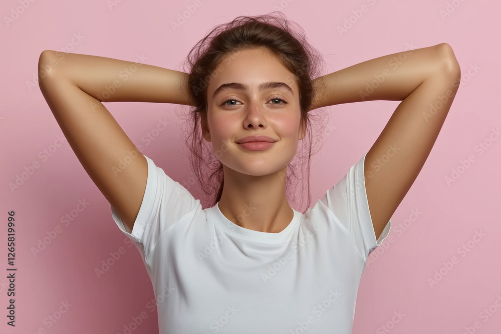 Young woman poses confidently against a pink background with arms raised Young woman poses confidently against a pink background with arms raised