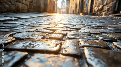 An artistic view of a glistening cobblestone path illuminated by soft reflections, showcasing the harmony of urban elements and natural light at twilight.