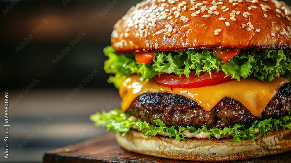 Juicy gourmet burger with melted cheese and fresh lettuce, perfect for fast food lovers Juicy gourmet burger with melted cheese and fresh lettuce, perfect for fast food lovers