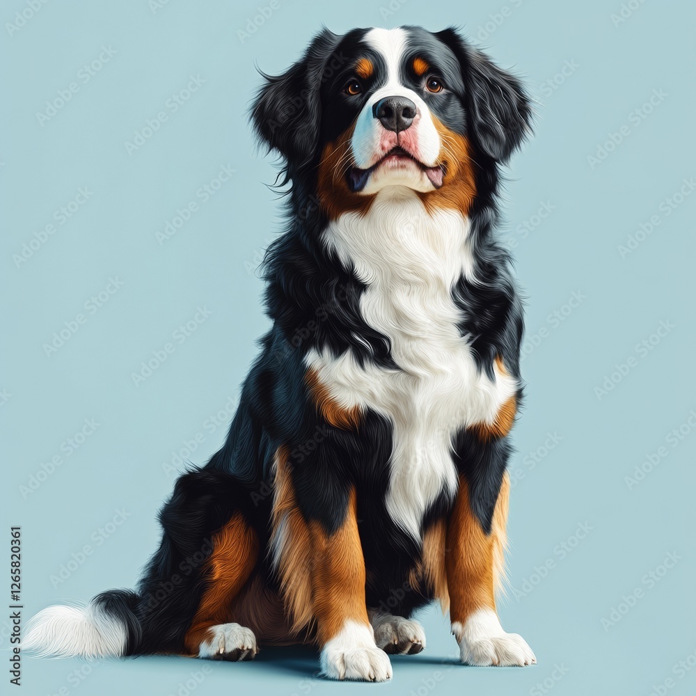 Realistic 3D Illustration of Bernese Mountain Dog Sitting Calmly Realistic 3D Illustration of Bernese Mountain Dog Sitting Calmly