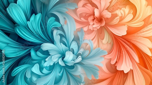 Abstract swirling teal and coral flower designs