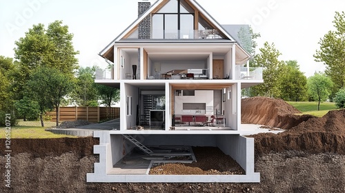 House Cross Section Showing Foundation, Basement, Two Floors And Attic. Modern Architecture And Construction Technology.