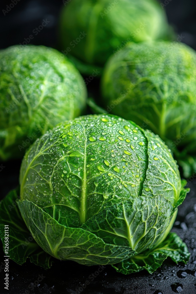 Fototapeta premium Fresh green cabbage with water droplets on dark surface