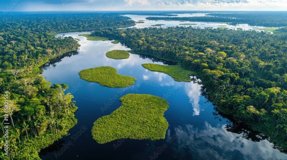 Vibrant Aerial View of Lush Green Wetland and Serene Waterway Vibrant Aerial View of Lush Green Wetland and Serene Waterway
