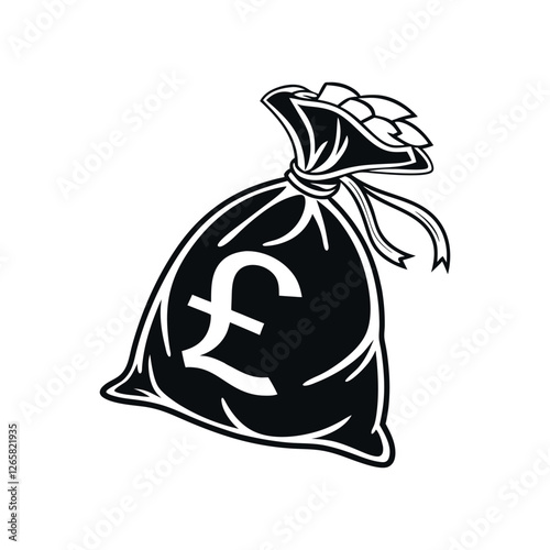 Black Silhouette Icon of a Money Bag with a British Pound Sterling Symbol, Representing UK Currency, Isolated on White Background