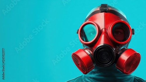 A figure wearing a striking red gas mask stands against a solid turquoise background, evoking a powerful confrontation with fear and the unknown. photo