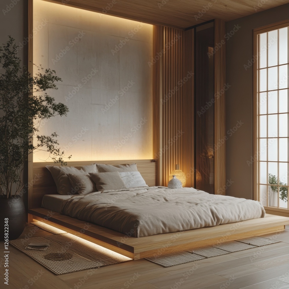 Fototapeta premium Bright zen bedroom features a platform bed with ambient lighting