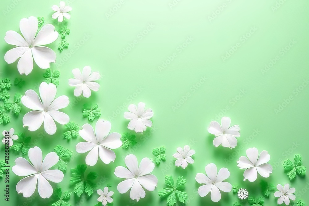 Delicate White Flowers and Green Leaves on Mint Green Background