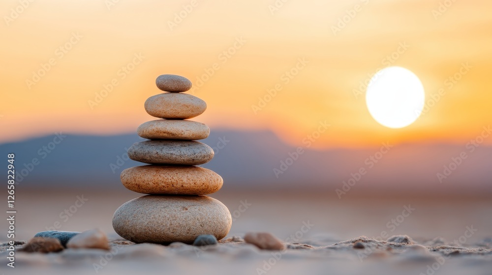 Fototapeta premium A calming arrangement of stones stacked on a beach, set against a tranquil sunset backdrop, embodying peace, balance, and the beauty of nature in a harmonious scene.