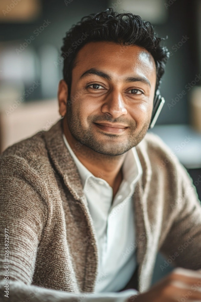 Smiling man with headphones, working in a modern office. He is engaging and approachable. Smiling man with headphones, working in a modern office. He is engaging and approachable.