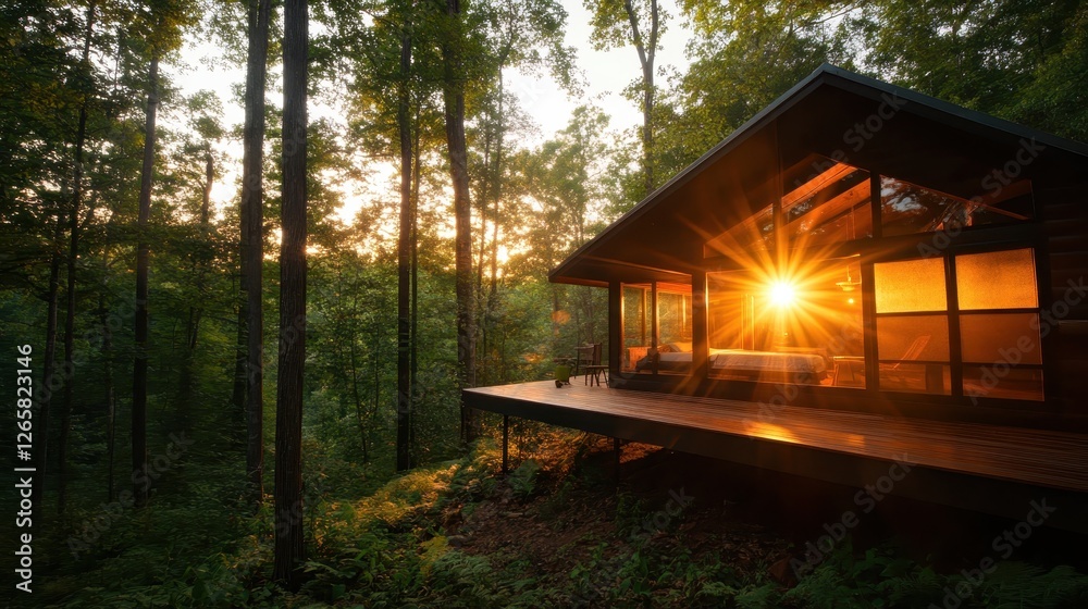 A contemporary cabin framed by lush trees, awash in the warm glow of a sunset, perfectly blending modern living with the serene beauty of nature. A contemporary cabin framed by lush trees, awash in the warm glow of a sunset, perfectly blending modern living with the serene beauty of nature.