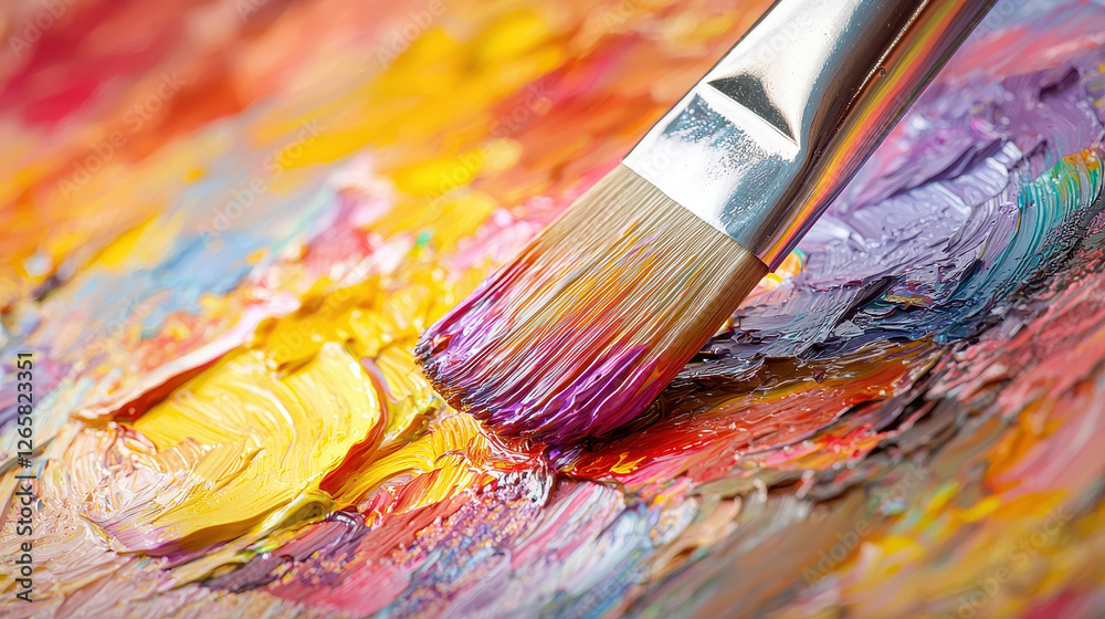 Close-up view of a paintbrush blending vibrant colors on canvas under soft artistic lighting