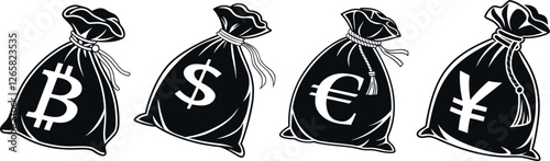 Set of Money Currency Symbols. Black Silhouette Icons of Money Bags with Japanese Yen, Chinese Yuan, Dollar, Euro and Bitcoin sign icons